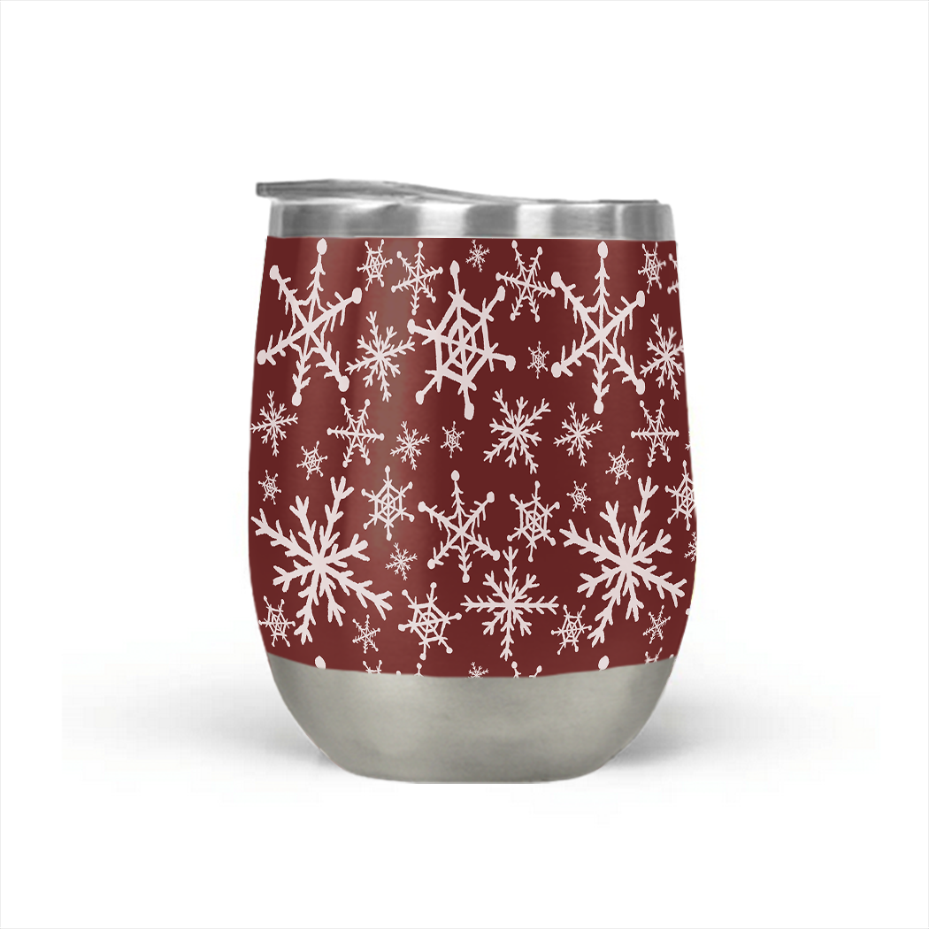 Red Snowflakes Stemless Wine Tumbler with double-wall insulation and festive design, perfect for outdoor events.
