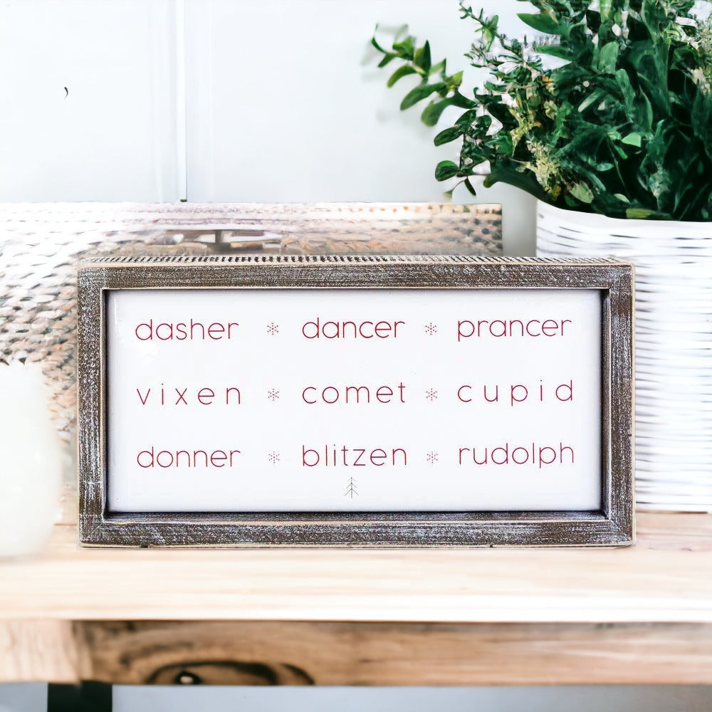 Rudolph & Friends Sign featuring reindeer names in a wood frame with metal insert, perfect for Christmas decor.