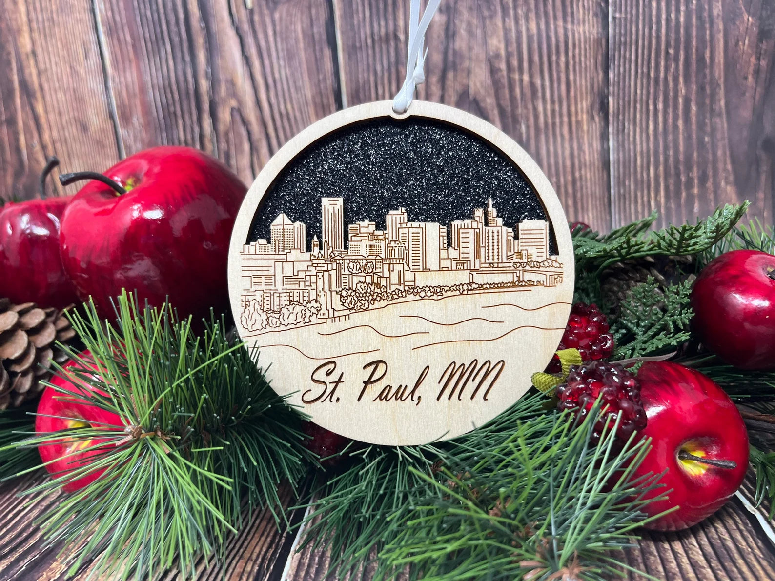 Saint Paul Skyline Ornament made from premium Baltic birch wood, showcasing the city's skyline intricately cut.