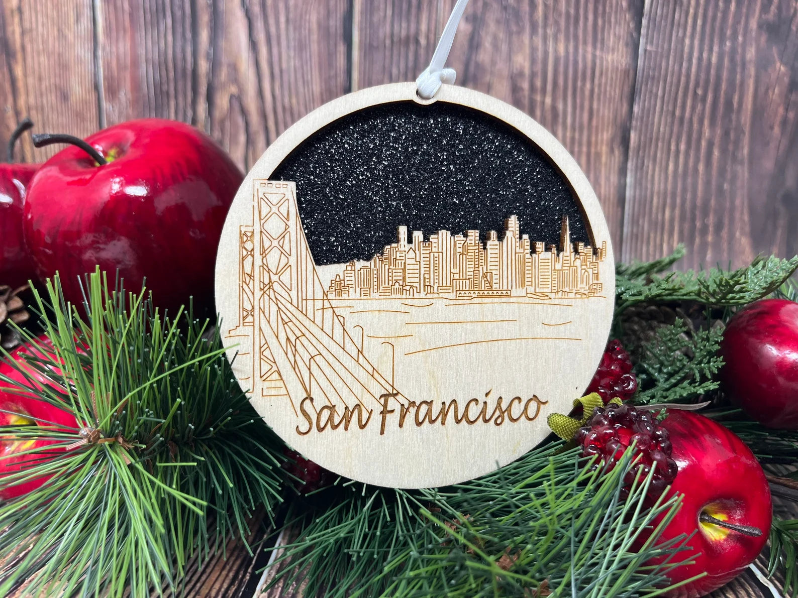 San Francisco Skyline Ornament made from premium Baltic birch wood, showcasing intricate skyline details.
