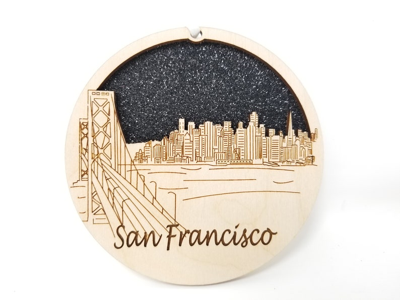 San Francisco Skyline Ornament made from premium Baltic birch wood, showcasing intricate skyline details.