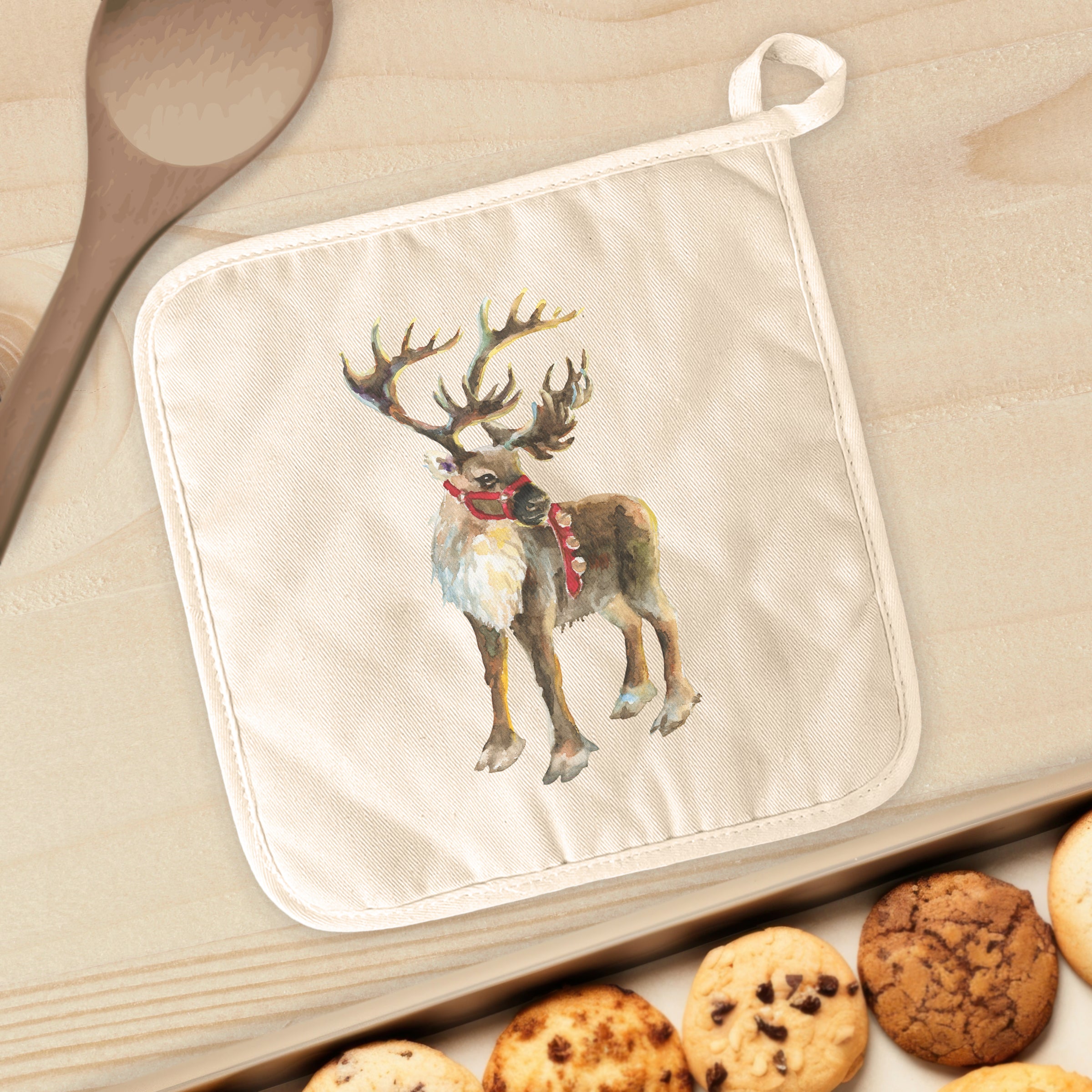 Santa's Reindeer cotton pot holder featuring a festive design, made from durable cotton and terry cloth, perfect for protecting surfaces.