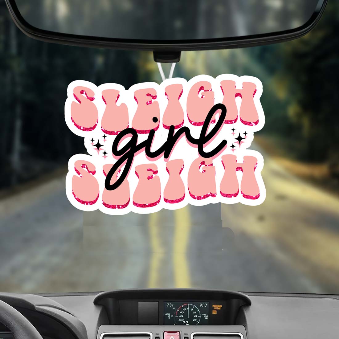 Sleigh Girl Freshie hanging air freshener with festive design and vibrant colors, perfect for holiday decor.