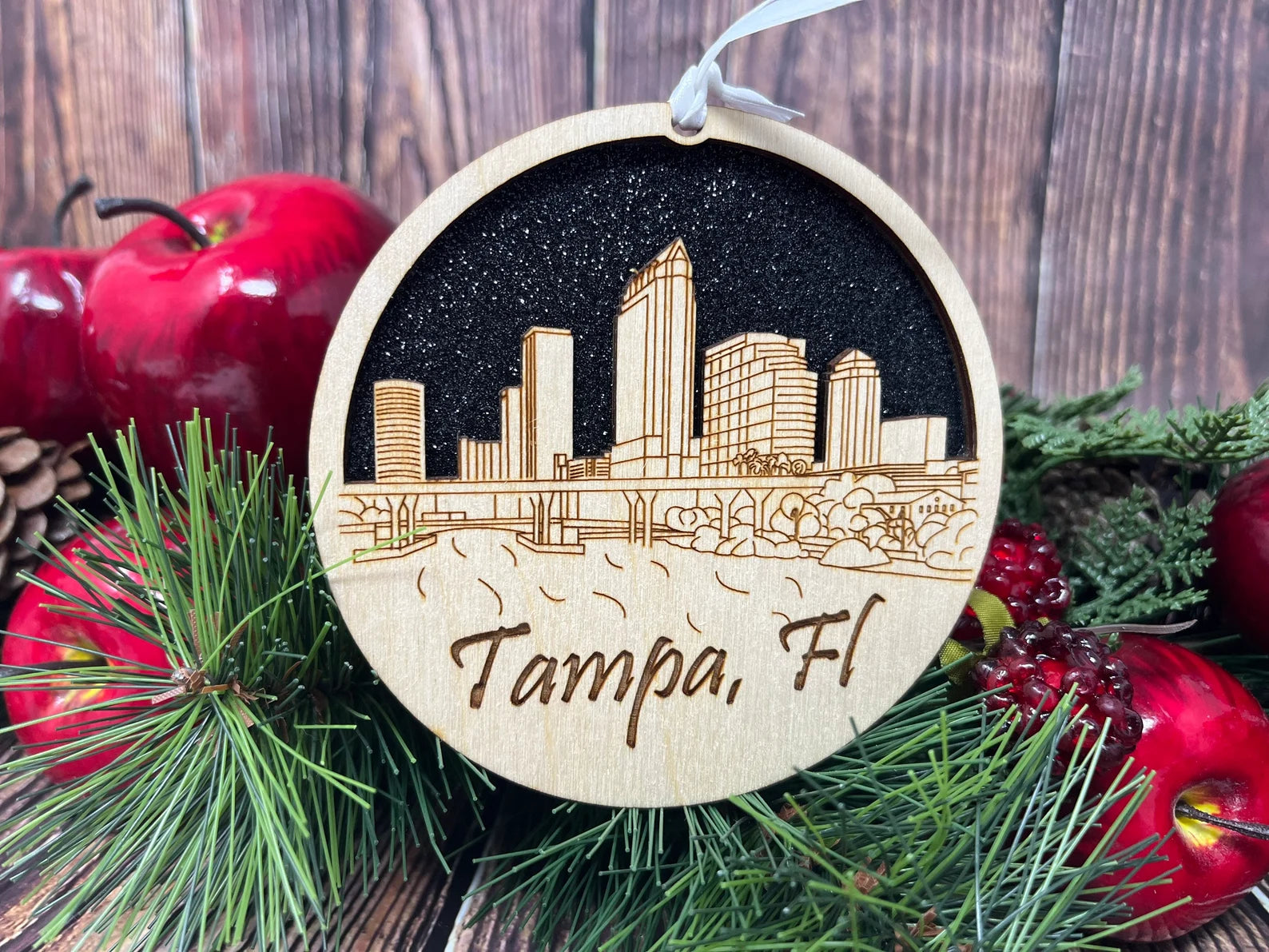 Tampa Bay skyline ornament made from premium Baltic birch wood, showcasing intricate skyline design.