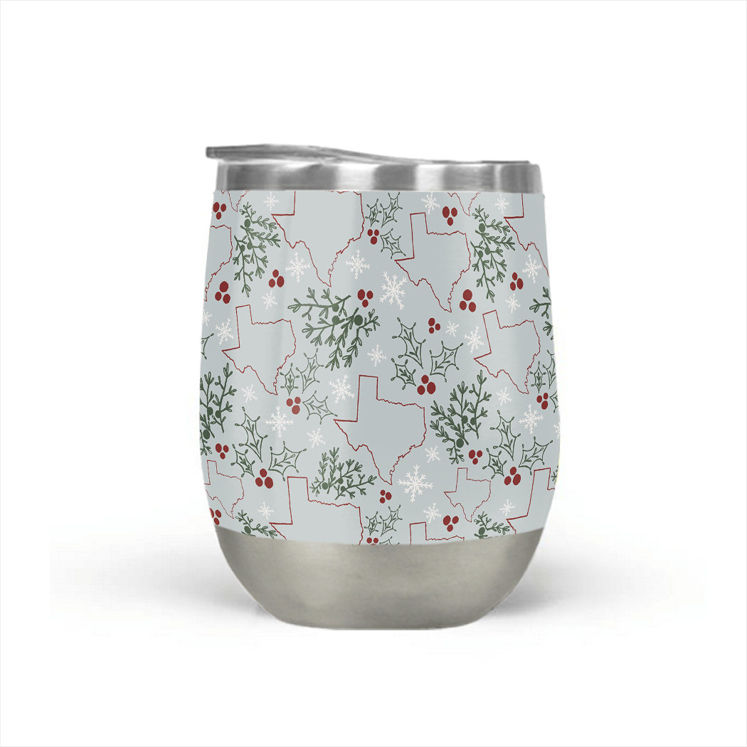 Texas Christmas Stemless Wine Tumbler made of stainless steel with a festive design, perfect for outdoor parties and keeping drinks cool.