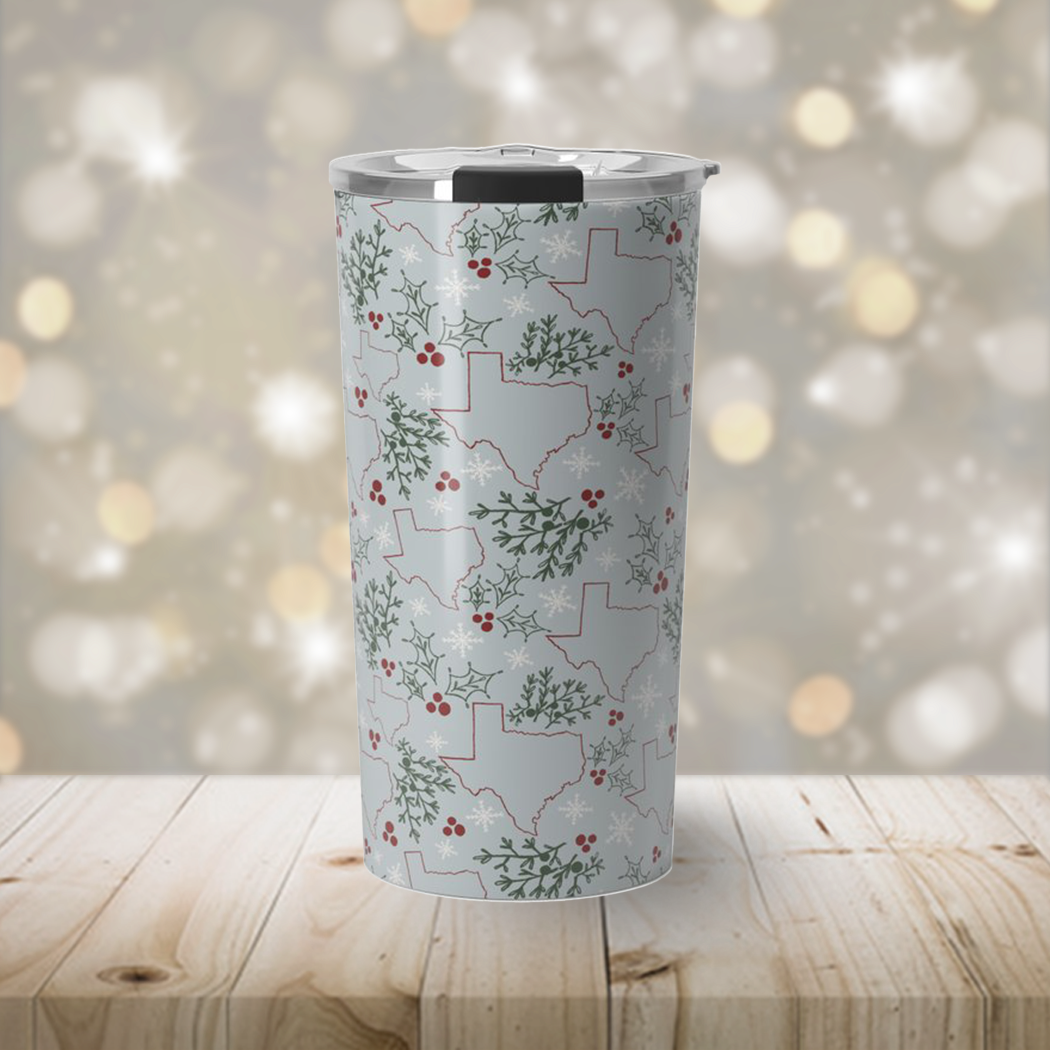 Texas Christmas Travel Coffee Mug featuring festive artwork, made of stainless steel with a double-walled design for insulation.