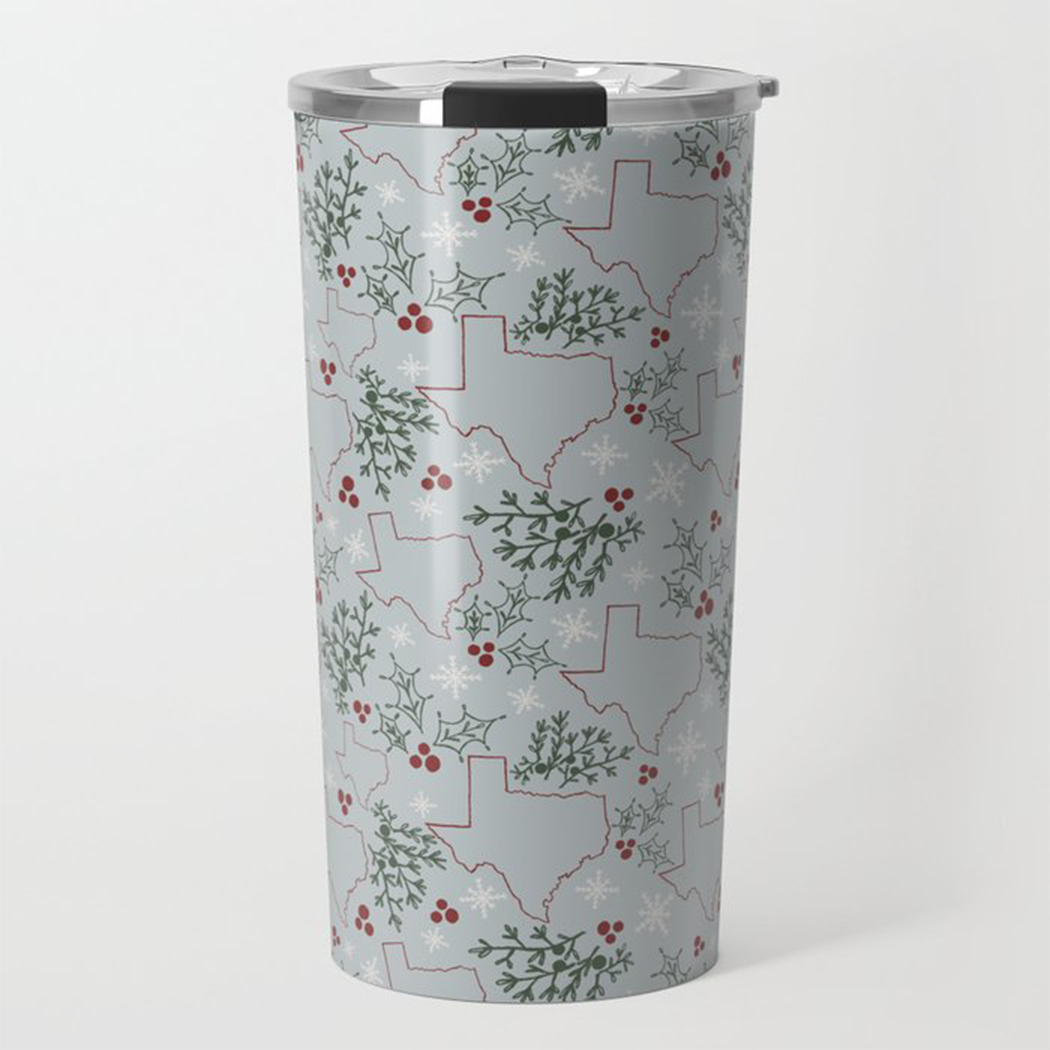 Texas Christmas Travel Coffee Mug featuring festive artwork, made of stainless steel with a double-walled design for insulation.