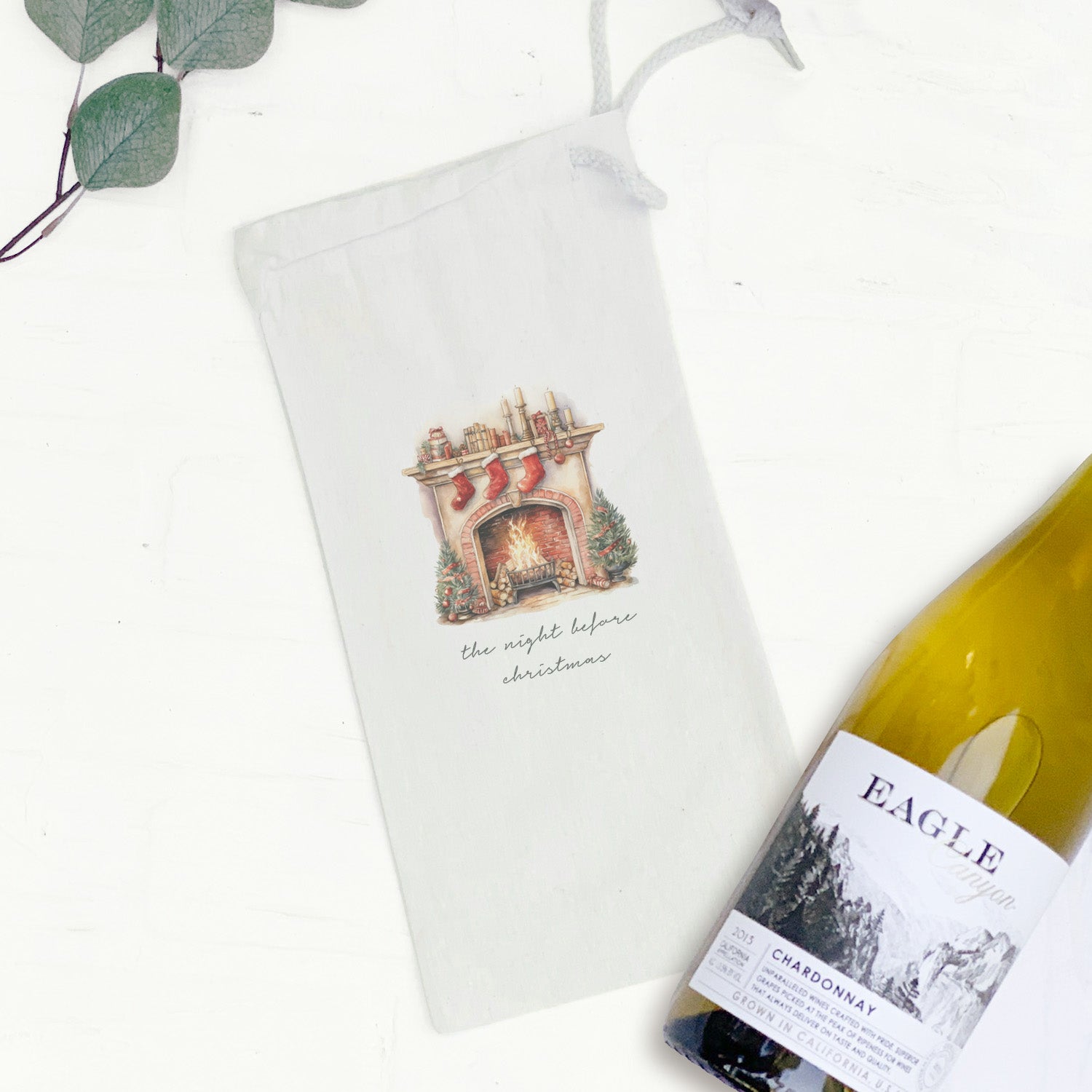 Festive Night Before Christmas canvas wine bag with drawstring closure, designed for 750mL bottles.