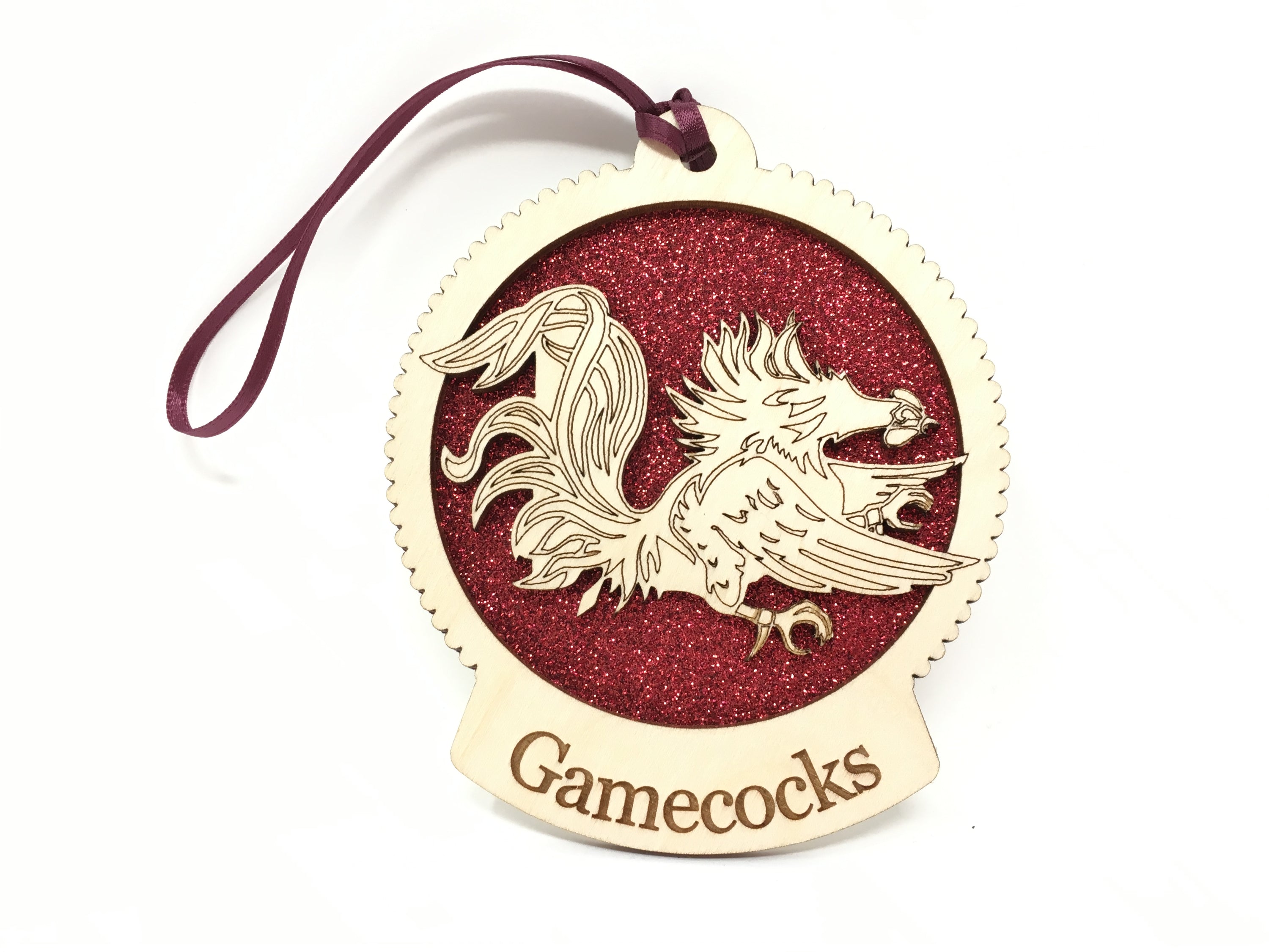 Custom wooden ornament featuring the University of South Carolina Gamecock logo, handcrafted from sustainable birch wood.