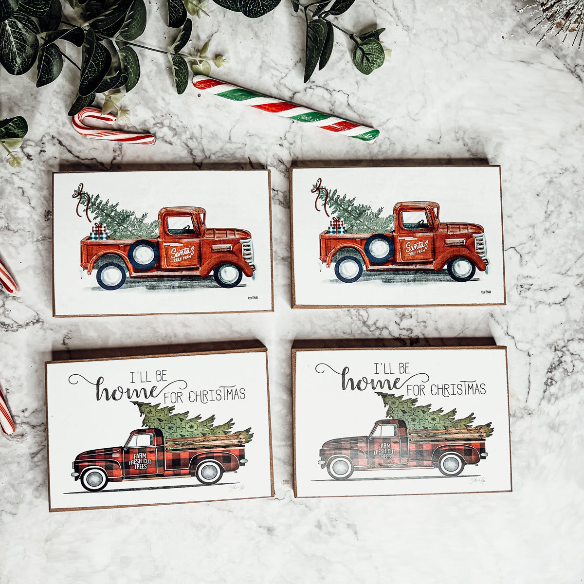 A charming Vintage Red Truck Sign featuring a classic red pickup truck with a Christmas tree, perfect for holiday decor.