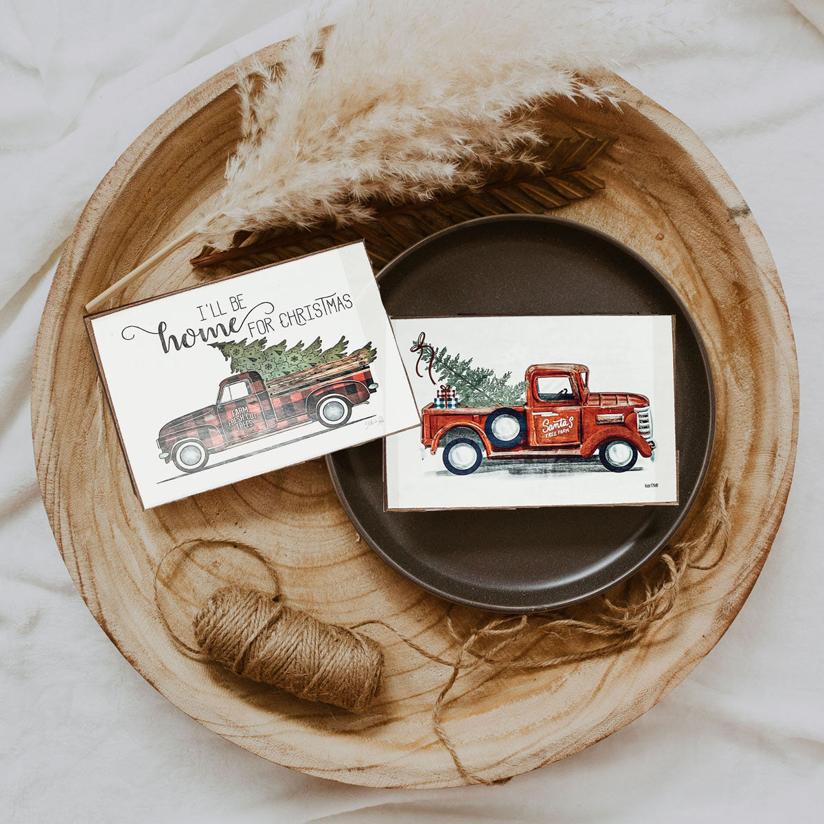 A charming Vintage Red Truck Sign featuring a classic red pickup truck with a Christmas tree, perfect for holiday decor.
