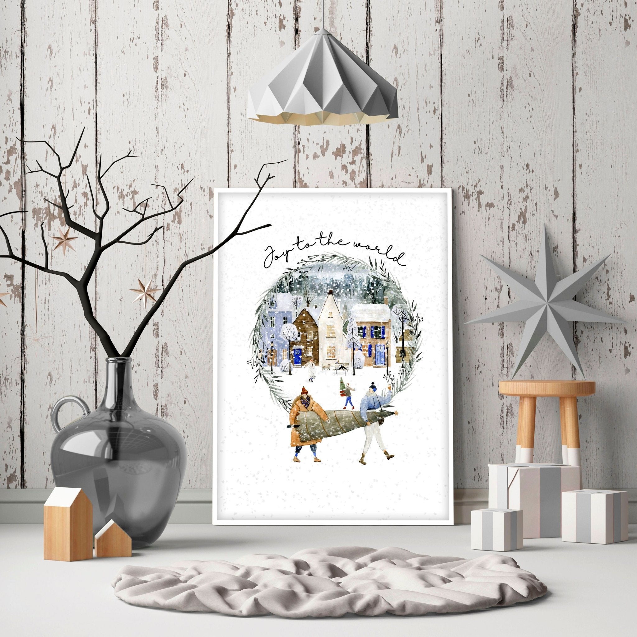 Beautiful Christmas wall art print featuring a serene snowy village in soft watercolour tones, perfect for holiday decor.