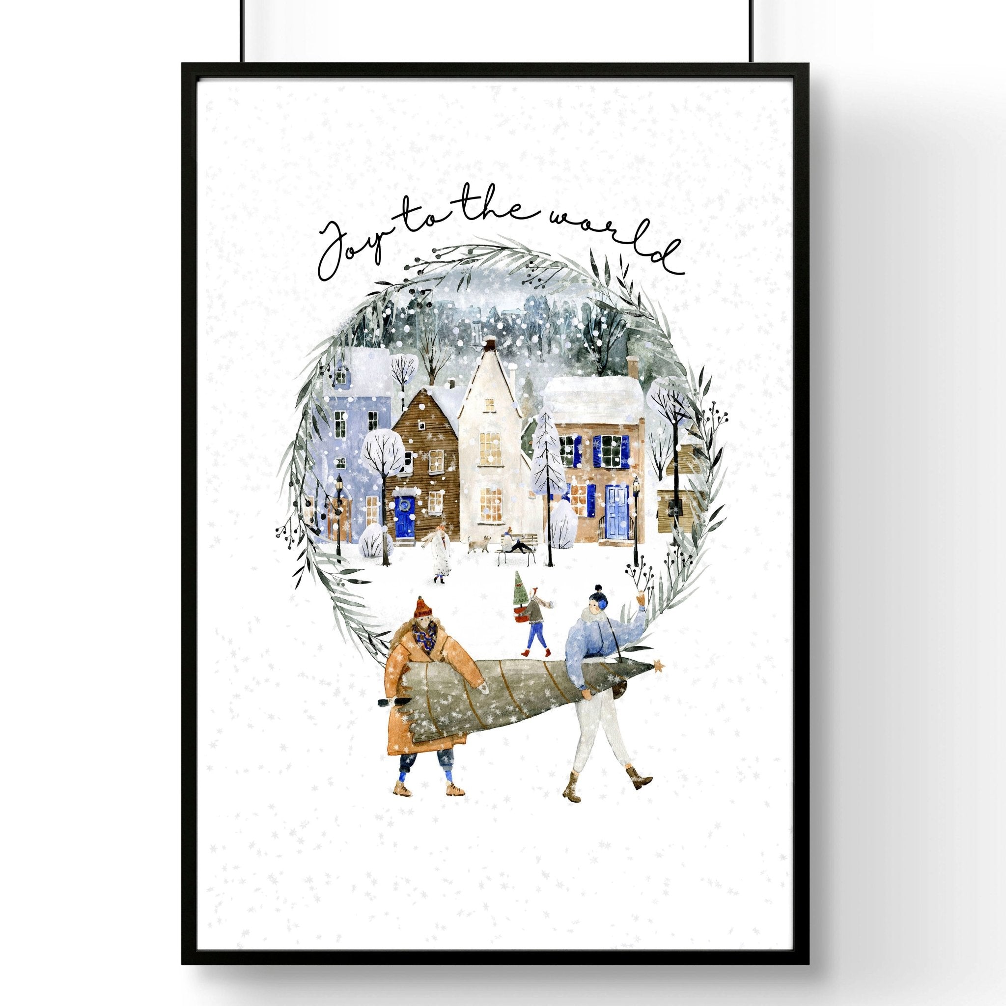 Beautiful Christmas wall art print featuring a serene snowy village in soft watercolour tones, perfect for holiday decor.