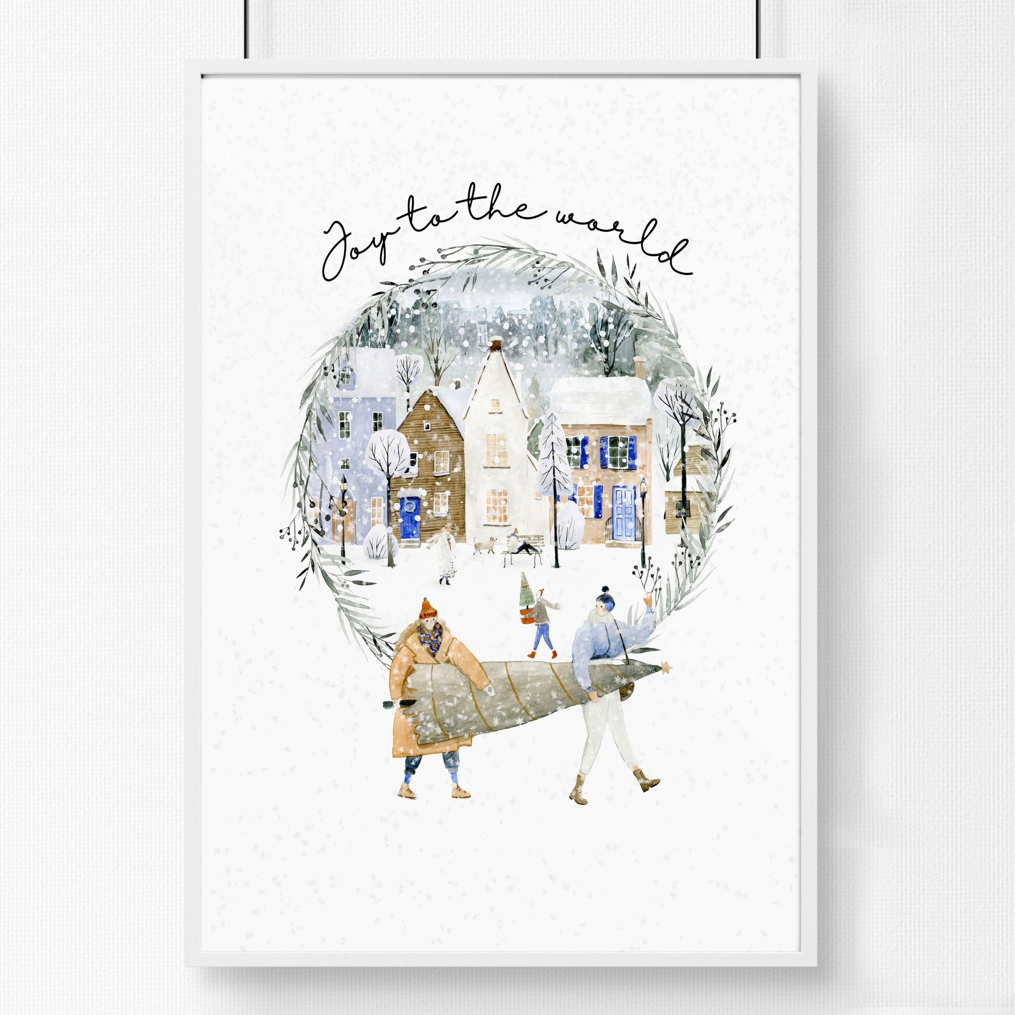 Beautiful Christmas wall art print featuring a serene snowy village in soft watercolour tones, perfect for holiday decor.
