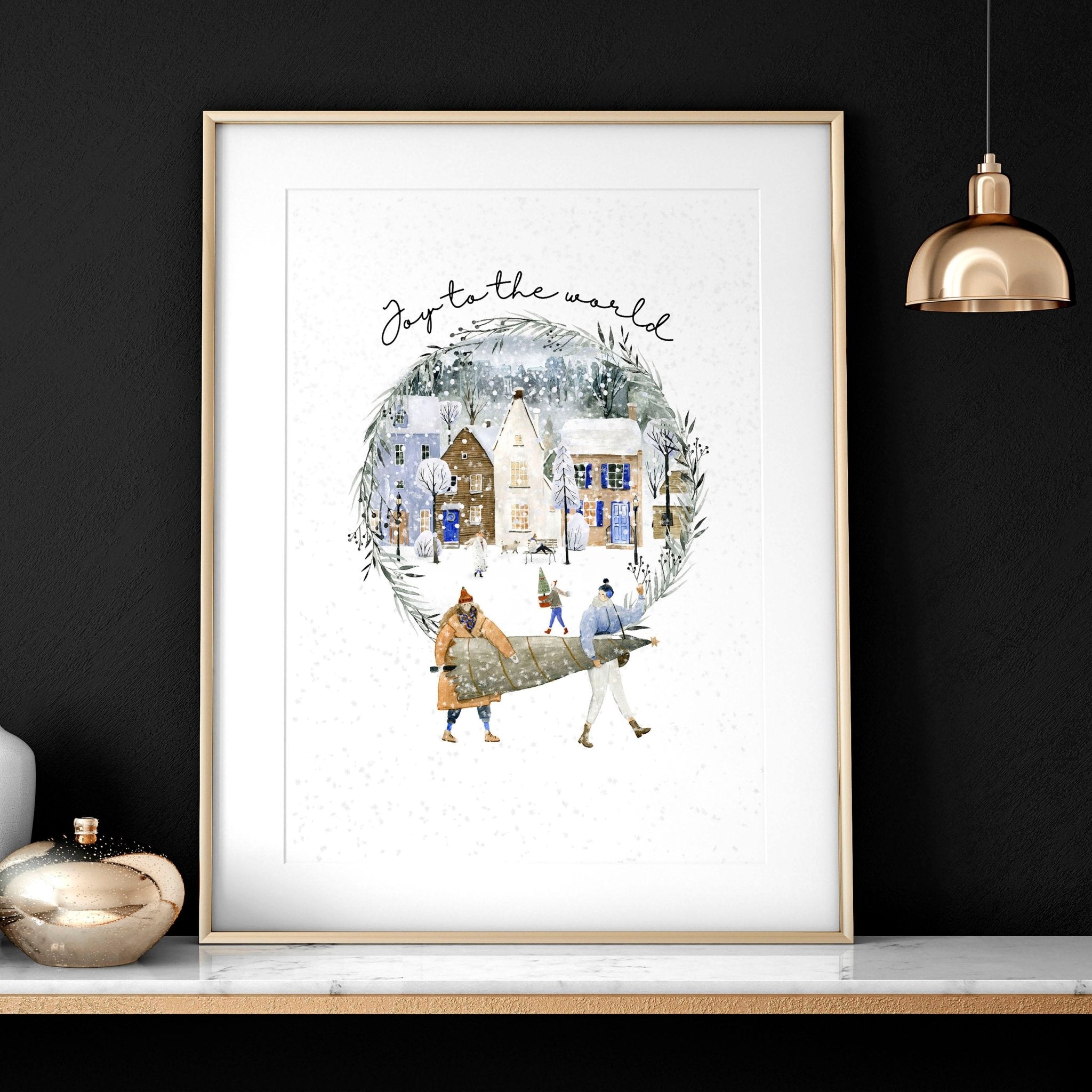 Beautiful Christmas wall art print featuring a serene snowy village in soft watercolour tones, perfect for holiday decor.