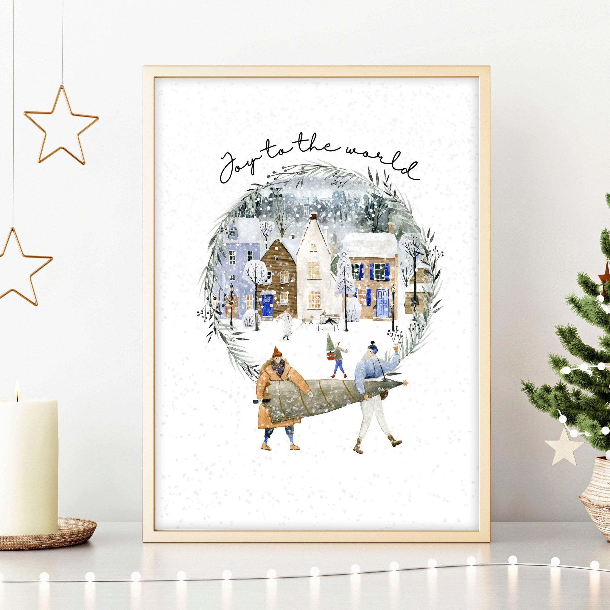Beautiful Christmas wall art print featuring a serene snowy village in soft watercolour tones, perfect for holiday decor.