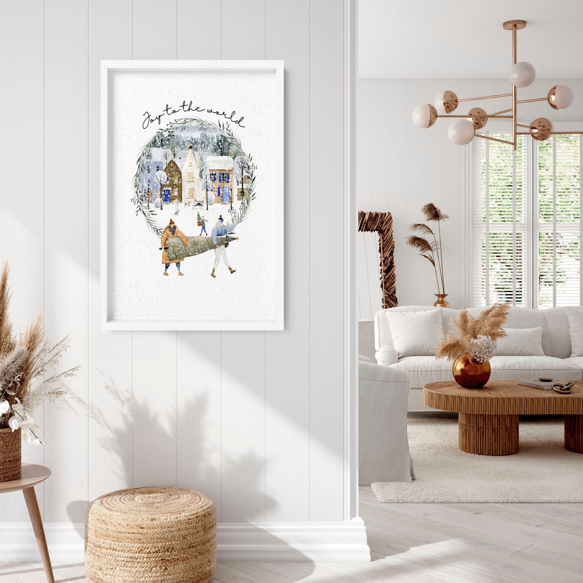 Beautiful Christmas wall art print featuring a serene snowy village in soft watercolour tones, perfect for holiday decor.