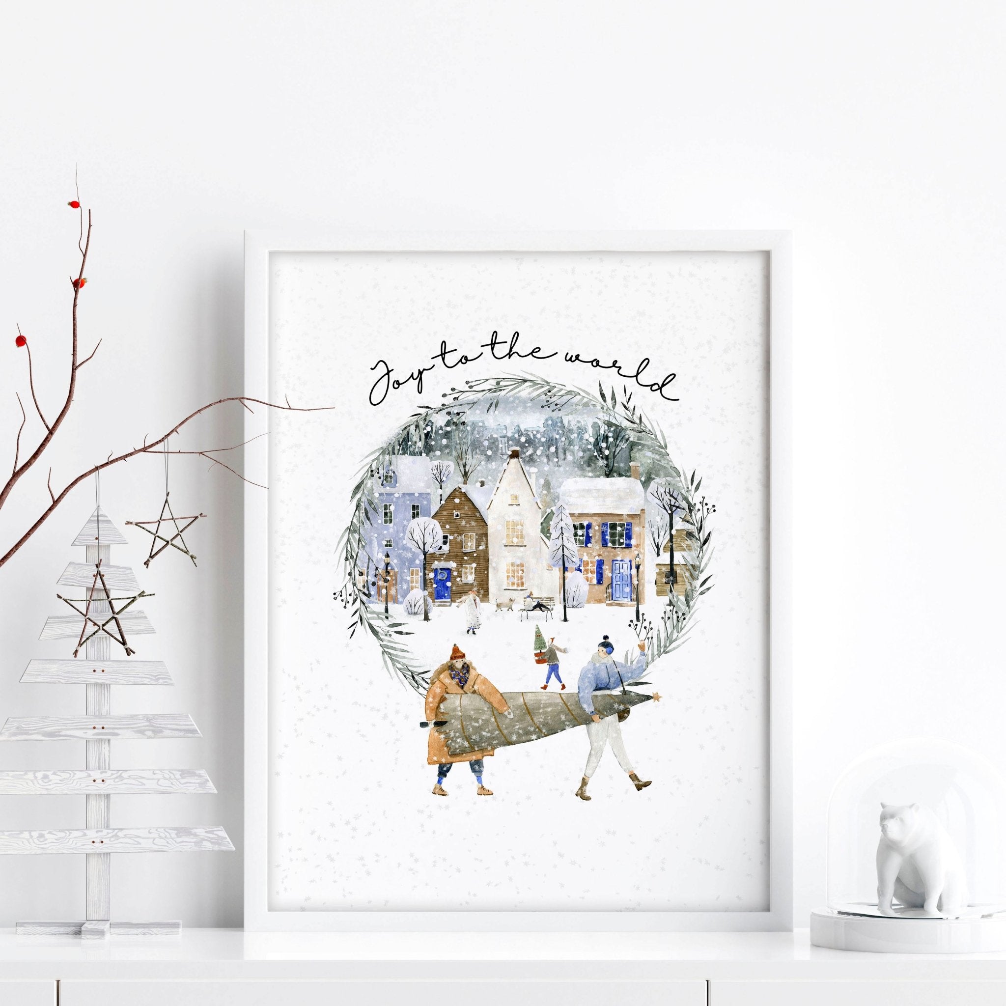 Beautiful Christmas wall art print featuring a serene snowy village in soft watercolour tones, perfect for holiday decor.