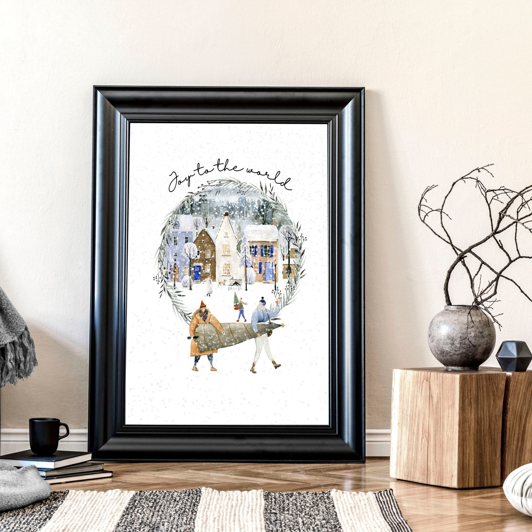 Beautiful Christmas wall art print featuring a serene snowy village in soft watercolour tones, perfect for holiday decor.