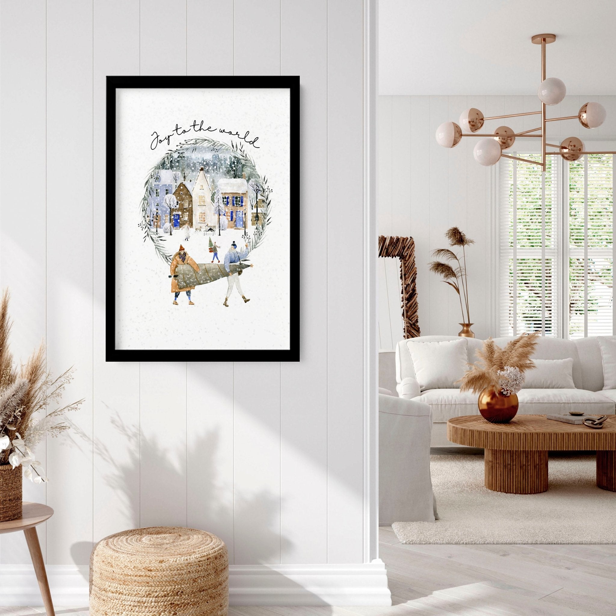 Beautiful Christmas wall art print featuring a serene snowy village in soft watercolour tones, perfect for holiday decor.