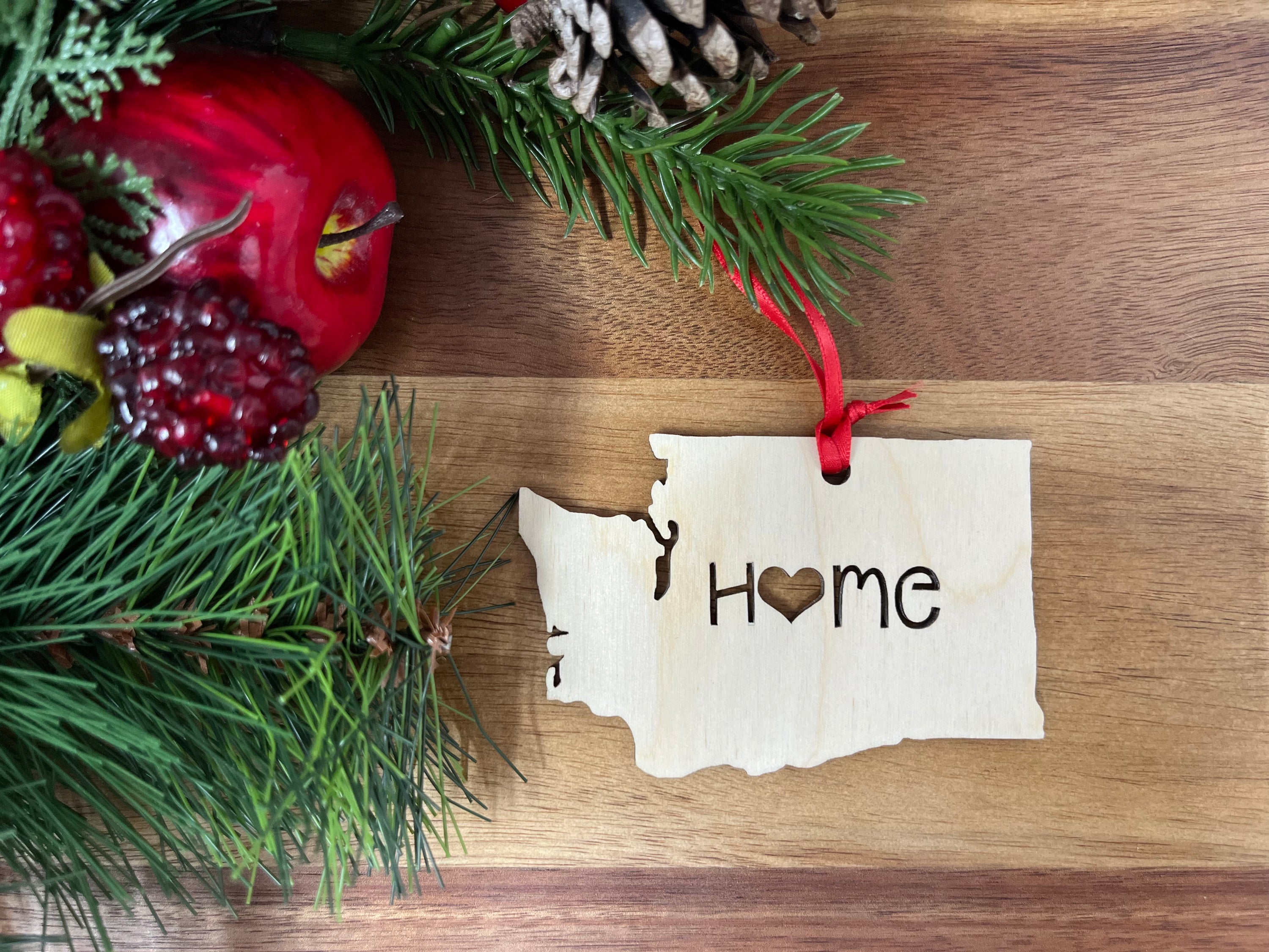 Washington State Wood Christmas Ornament made from Baltic Birch, featuring an adorable 'Home' design.