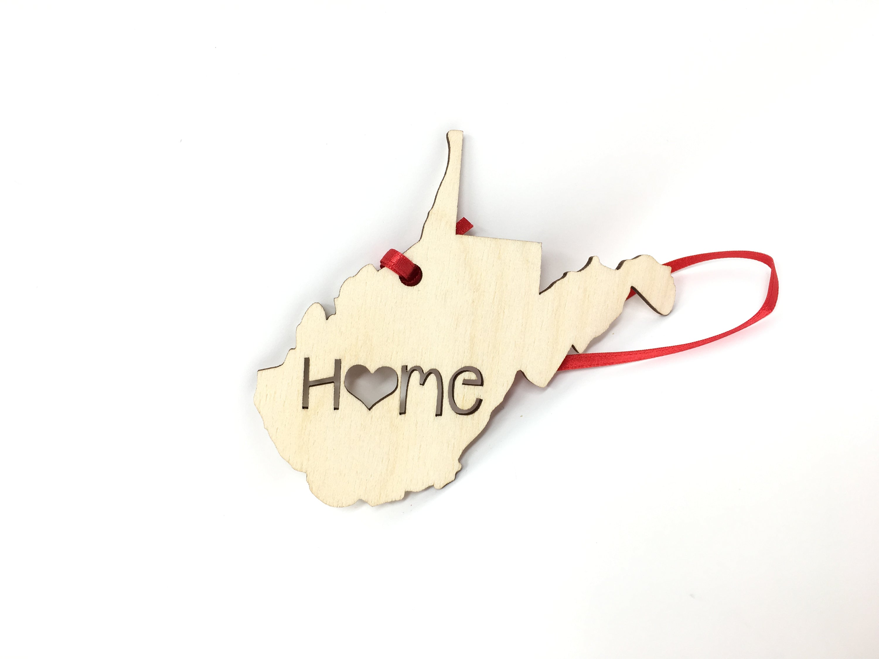 West Virginia State Wood Christmas Ornament featuring 'Home' design, crafted from premium Baltic Birch wood.