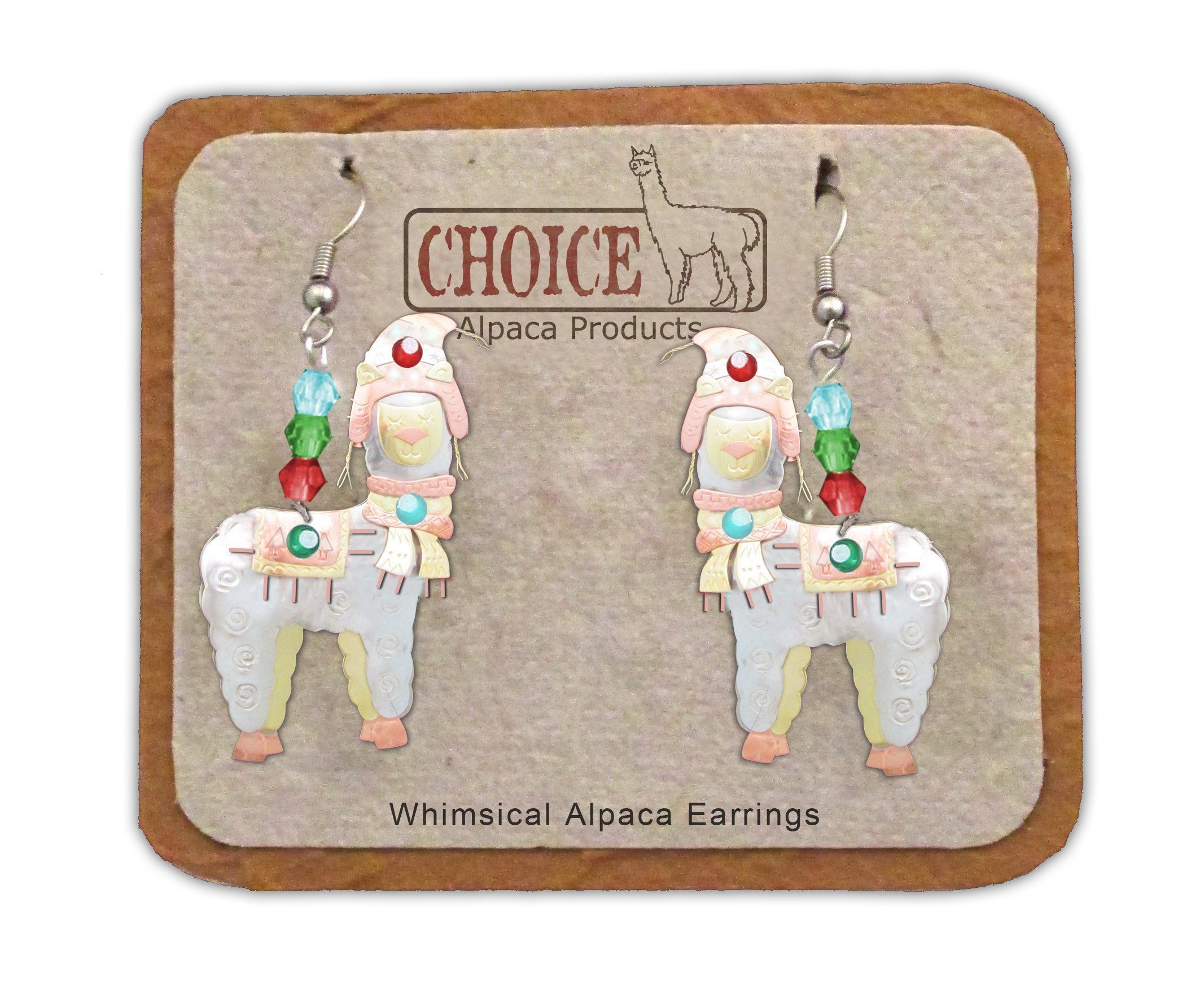 A pair of whimsical Christmas alpaca earrings, hand-crafted from plated nickel, copper, and brass, showcasing a playful alpaca design.