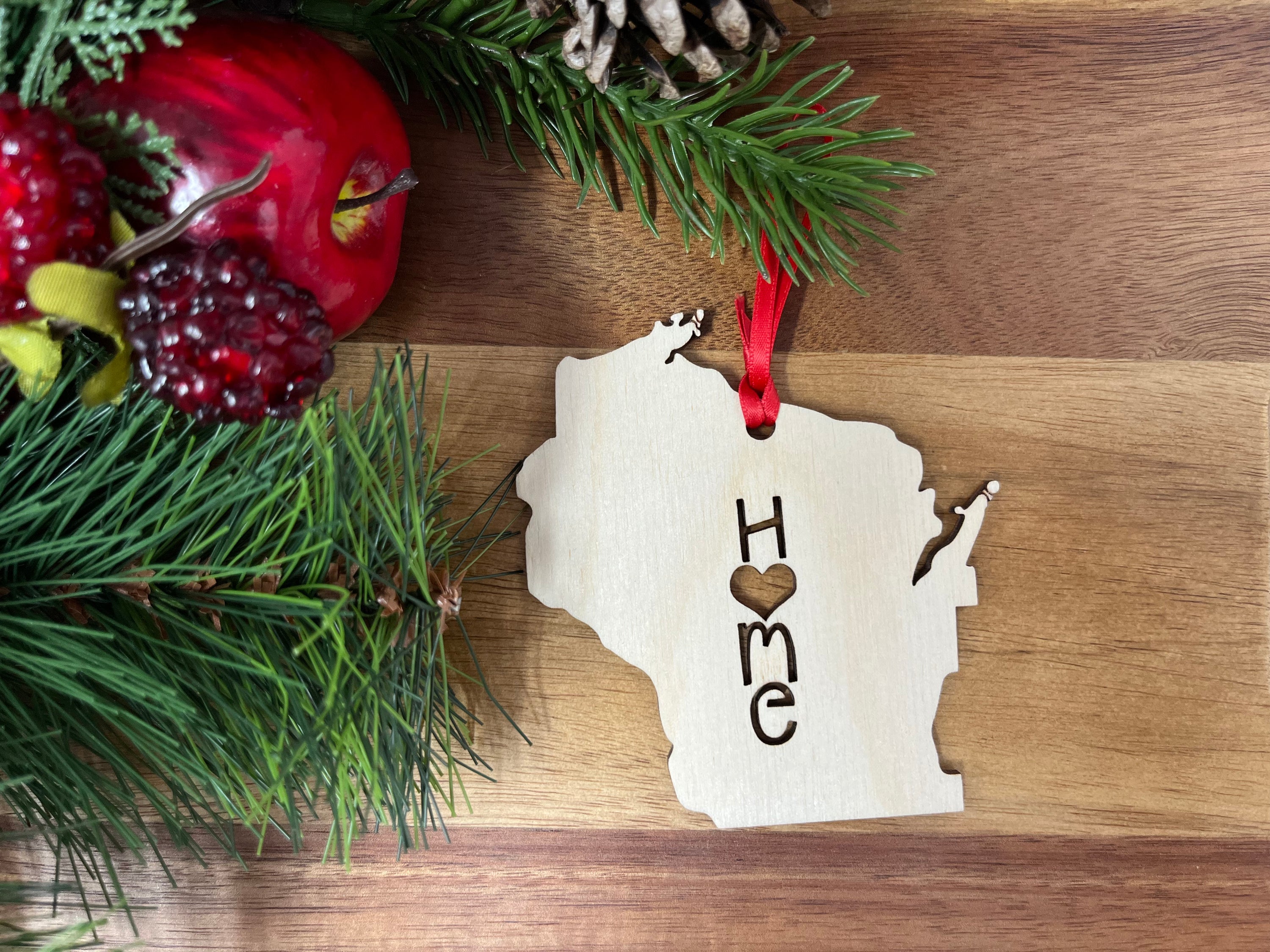 Wisconsin State Wood Christmas Ornament made from Baltic Birch, featuring a charming 'Home' design.