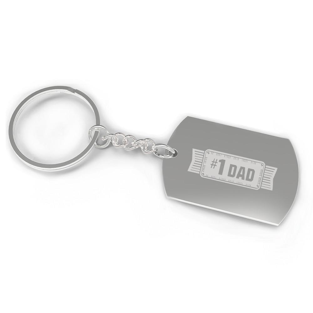 A unique #1 Dad key chain made of durable nickel plate, featuring an engraved design, available in three styles: Dog Tag, Split Heart, and Full Heart.