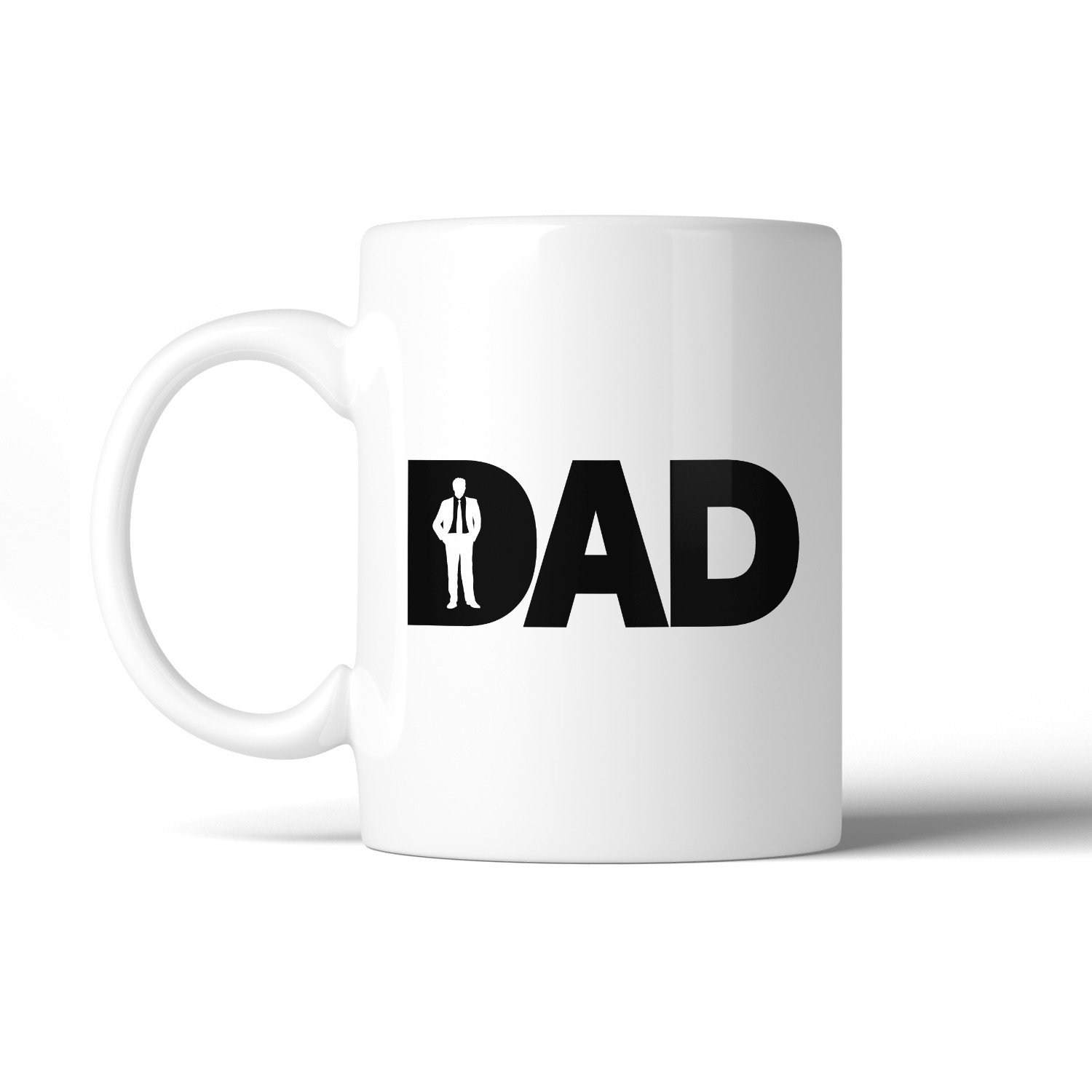 A white ceramic mug with funny designs for dads, perfect for Father's Day gifts, featuring a comfortable grip and printed on both sides.