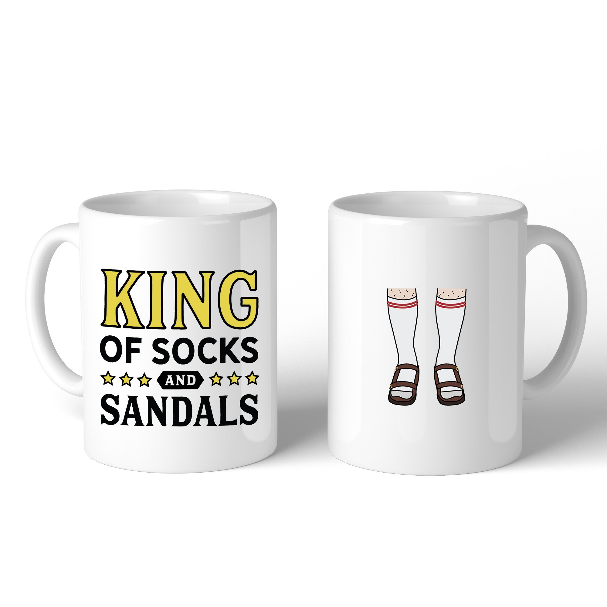 A white ceramic mug featuring a funny design of socks and sandals, perfect for Father's Day gifts.