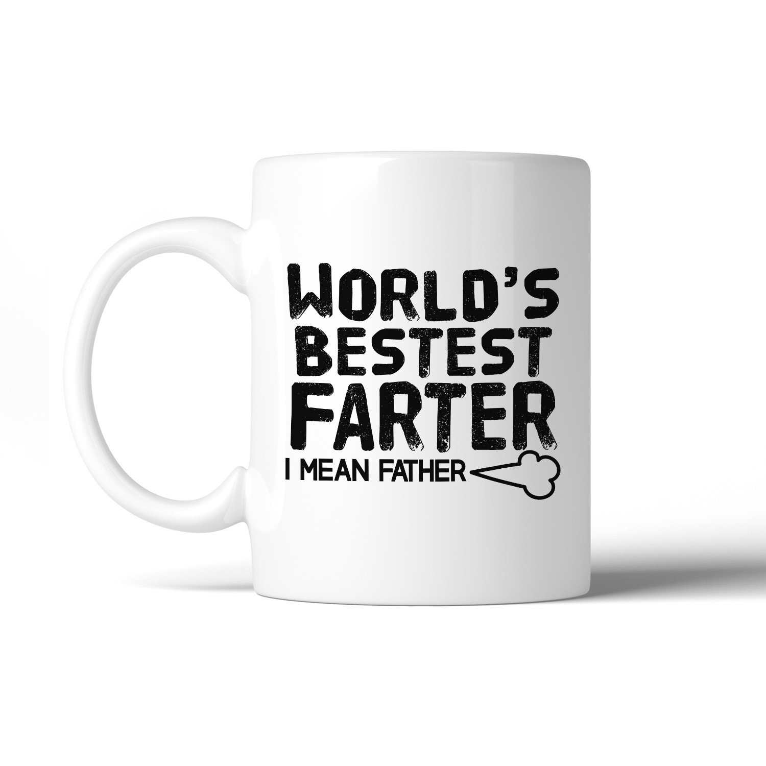 Ceramic coffee mug with the text 'World's Bestest Farter' printed on both sides, perfect for Father's Day gifts.