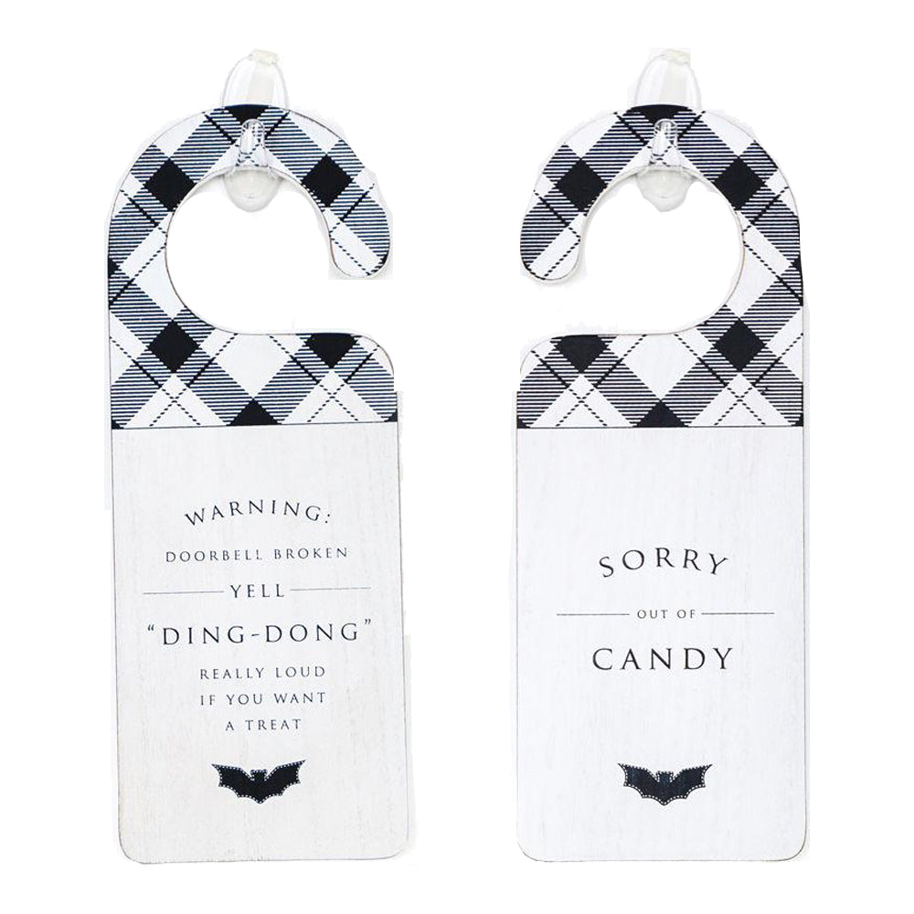 A double-sided Halloween door knob sign featuring 'Ding Dong' on one side and a spooky design on the other, perfect for festive decor.