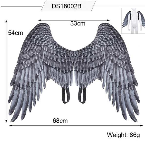 A pair of stunning Halloween Angel Wings designed for kids, featuring a vivid 3D design in white and black non-woven fabric, perfect for cosplay and dress-up parties.