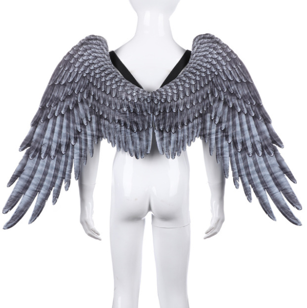 A pair of stunning Halloween Angel Wings designed for kids, featuring a vivid 3D design in white and black non-woven fabric, perfect for cosplay and dress-up parties.