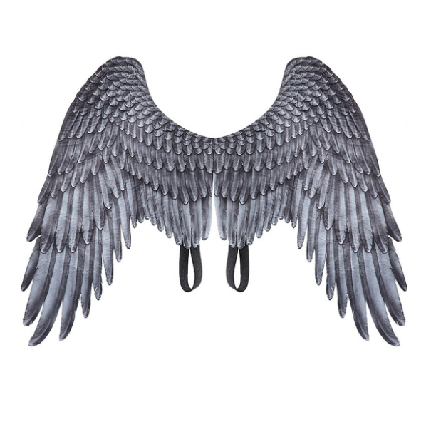 A pair of stunning Halloween Angel Wings designed for kids, featuring a vivid 3D design in white and black non-woven fabric, perfect for cosplay and dress-up parties.