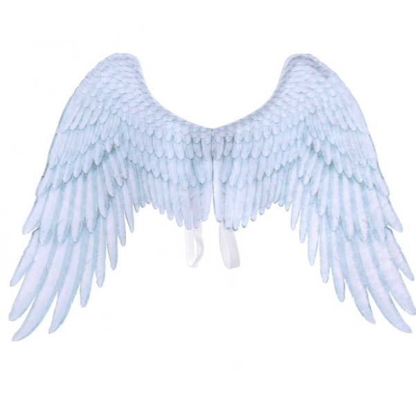 A pair of stunning Halloween Angel Wings designed for kids, featuring a vivid 3D design in white and black non-woven fabric, perfect for cosplay and dress-up parties.