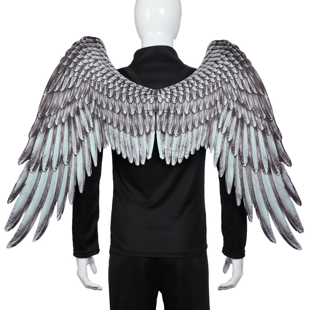 A pair of stunning Halloween Angel Wings designed for kids, featuring a vivid 3D design in white and black non-woven fabric, perfect for cosplay and dress-up parties.