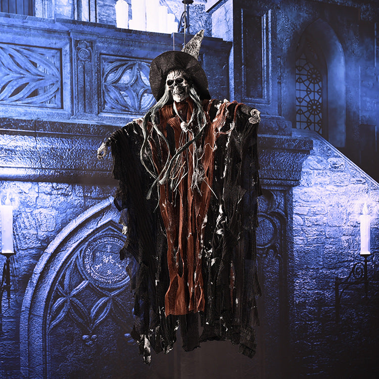 A spooky skeleton hanging ghost prop with a skull and red flashing eyes, designed for Halloween decorations, creating a terrifying atmosphere.