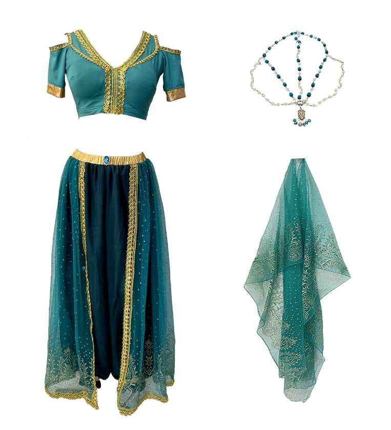 A vibrant Jasmine costume featuring a top, pants, headveil, and headwear, perfect for cosplay and themed parties.