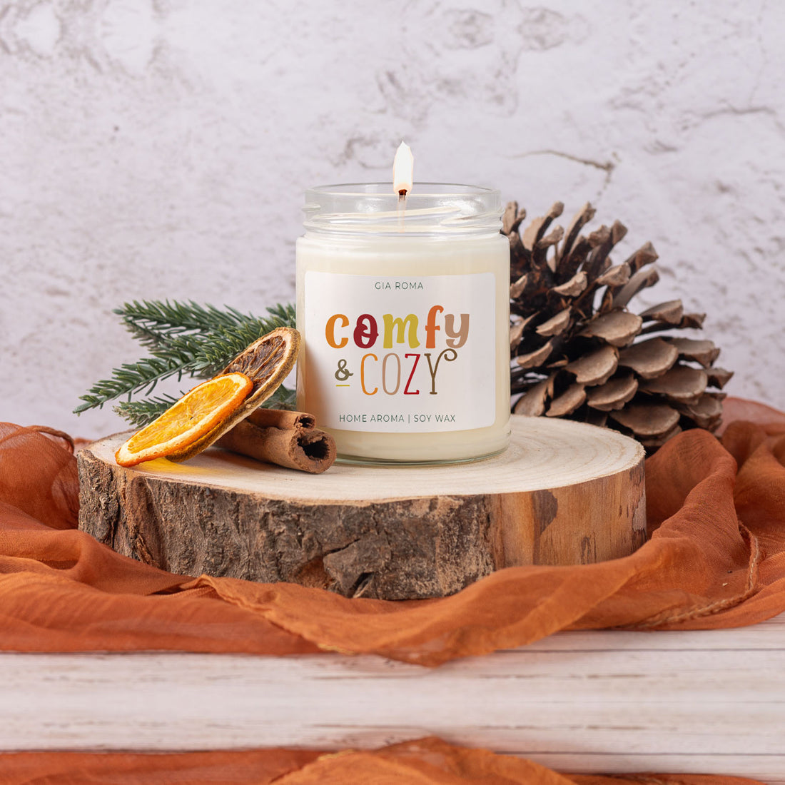 "Comfy & Cozy soy candle display"