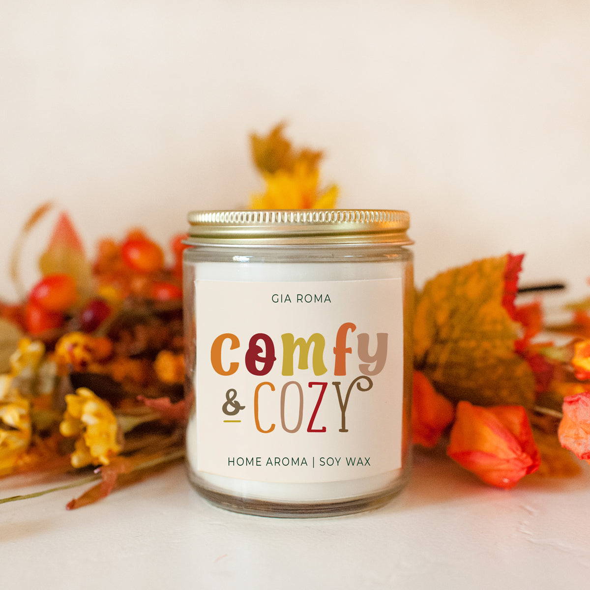 Soy wax candle with autumn decor