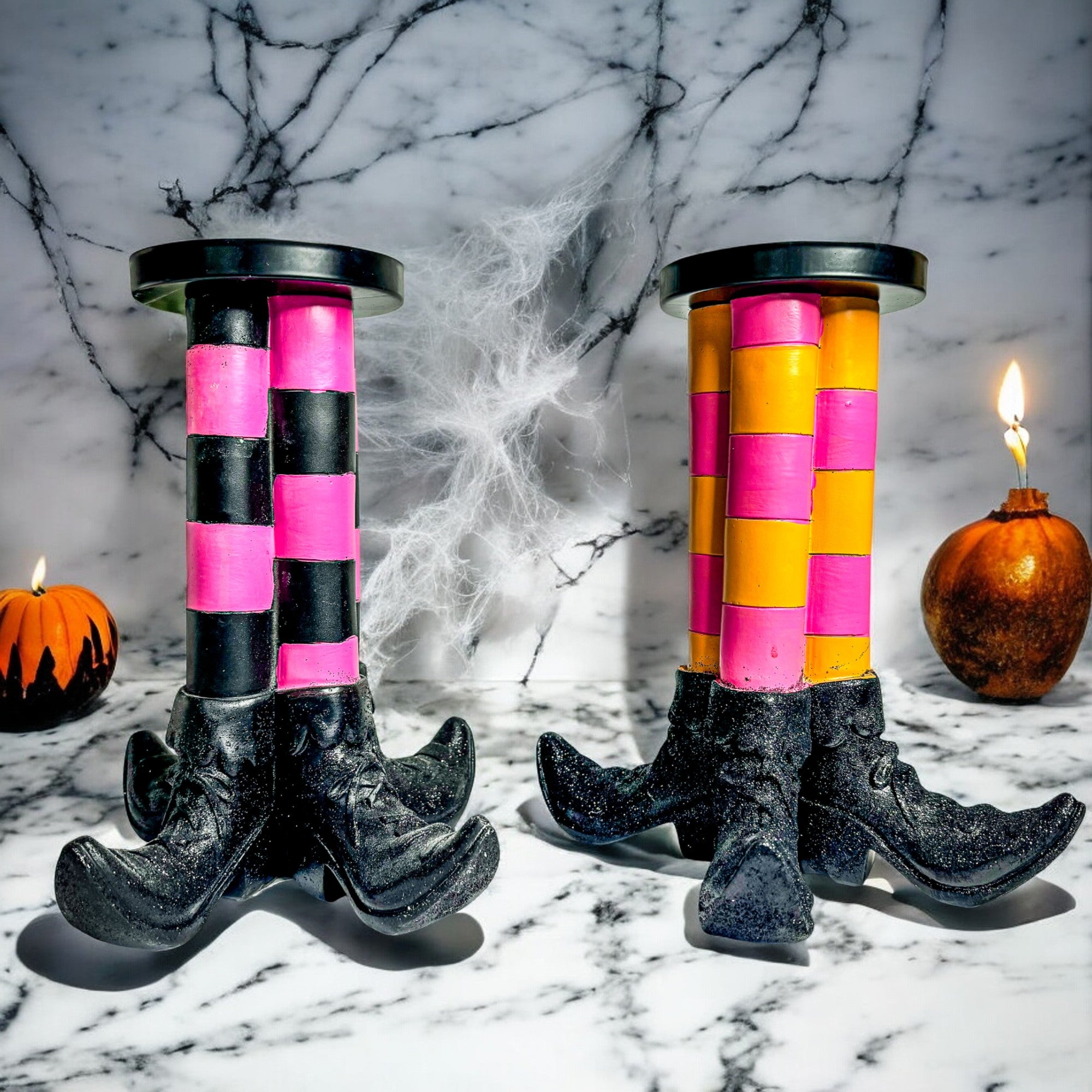 Wicked Witch Candle Holder with rustic wooden background and Halloween quote, perfect for decor.