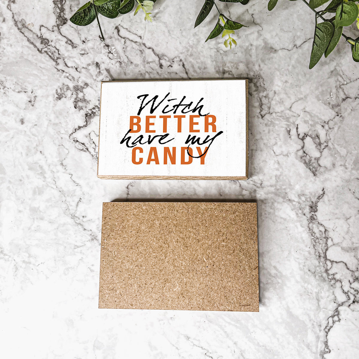 A rustic wooden sign reading 'Witch Better Have My Candy' in black and orange lettering, perfect for Halloween decor.