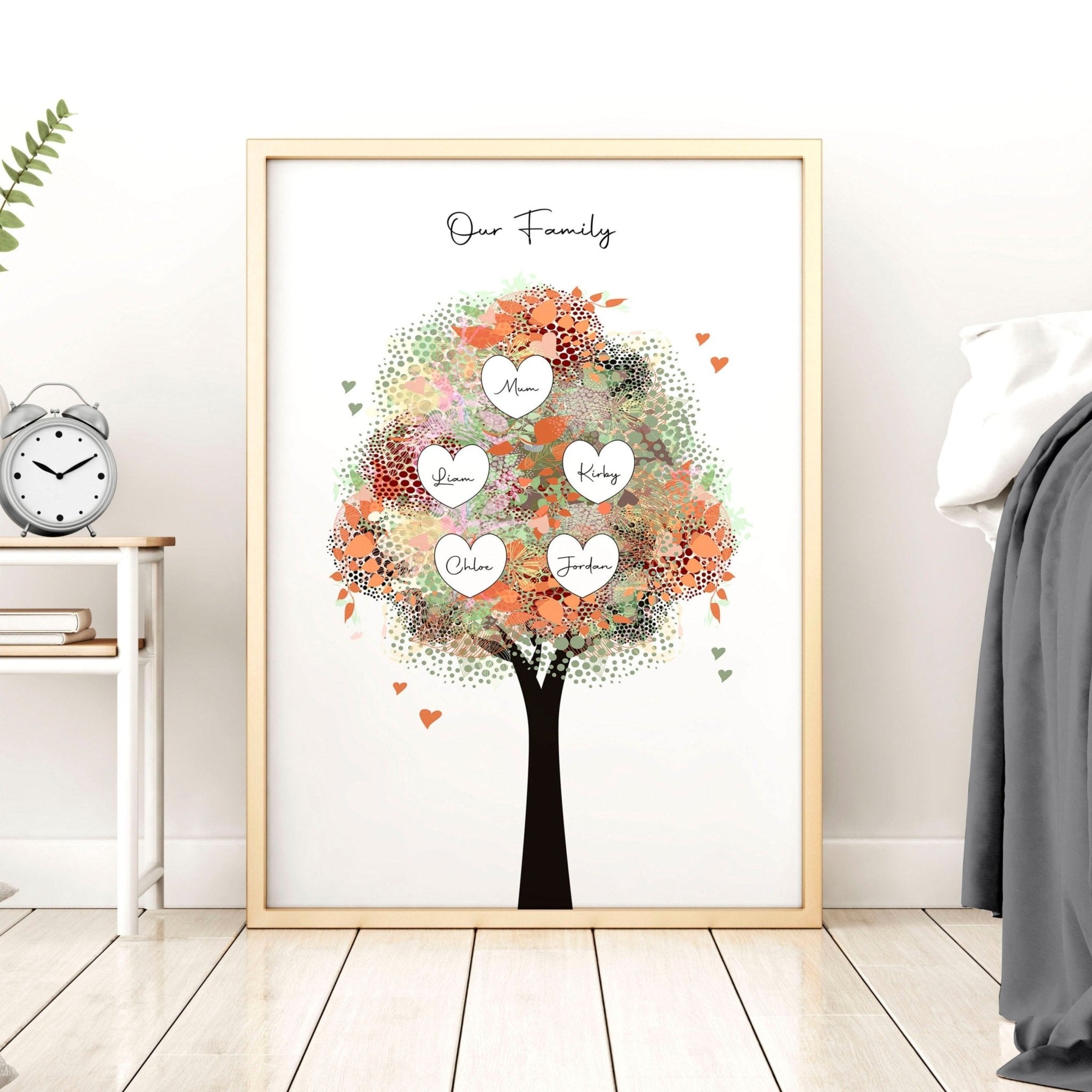 Personalised Family Tree wall art print showcasing multiple generations with custom names, beautifully designed for home decor.