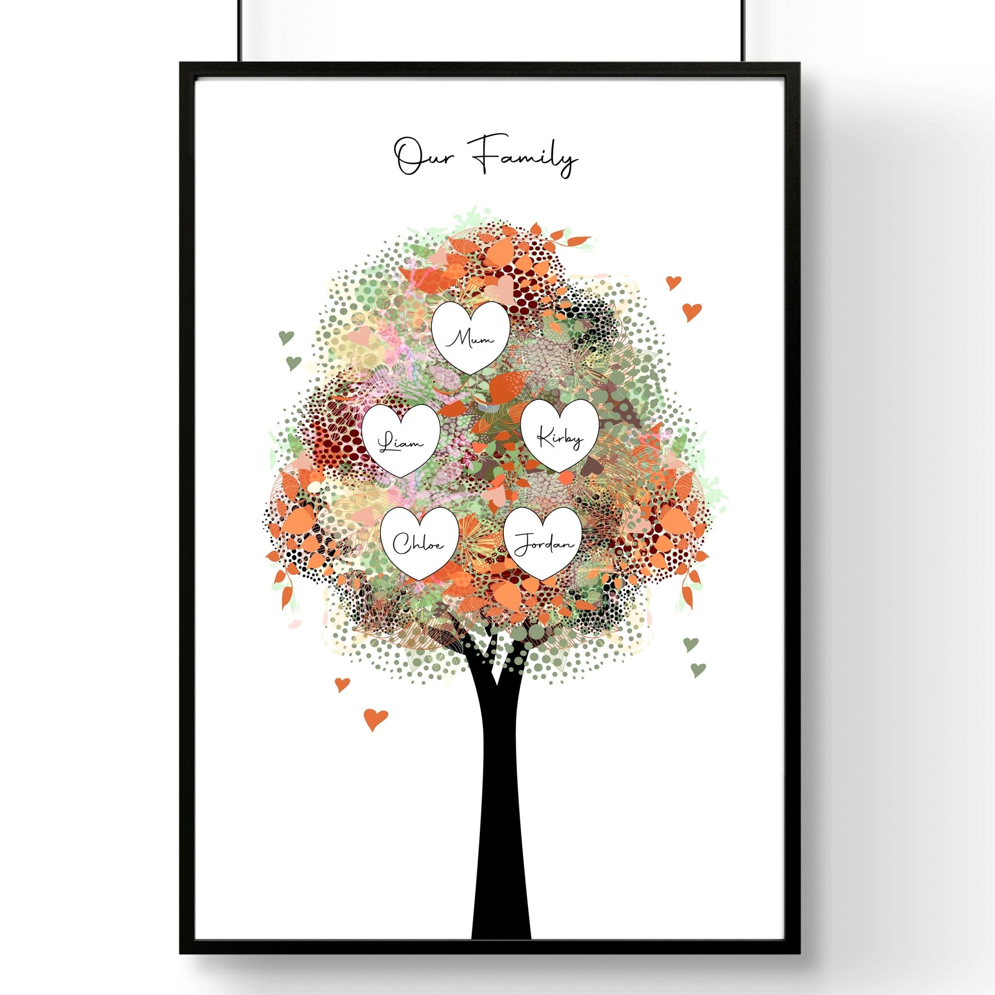 Personalised Family Tree wall art print showcasing multiple generations with custom names, beautifully designed for home decor.