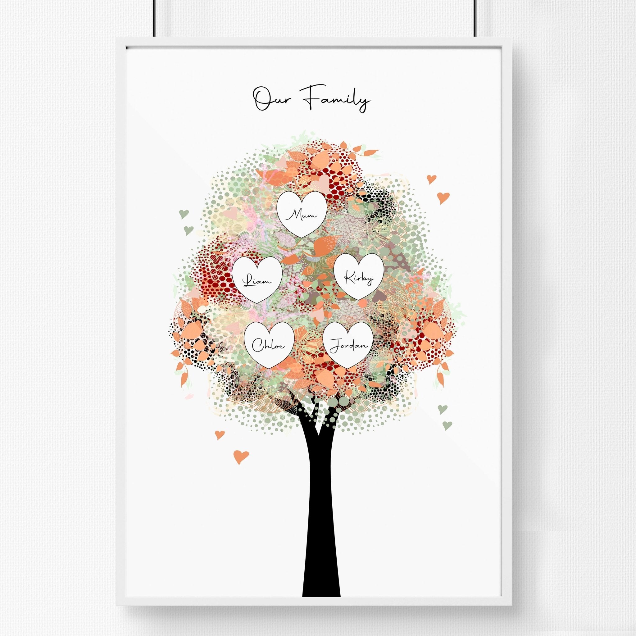 Personalised Family Tree wall art print showcasing multiple generations with custom names, beautifully designed for home decor.