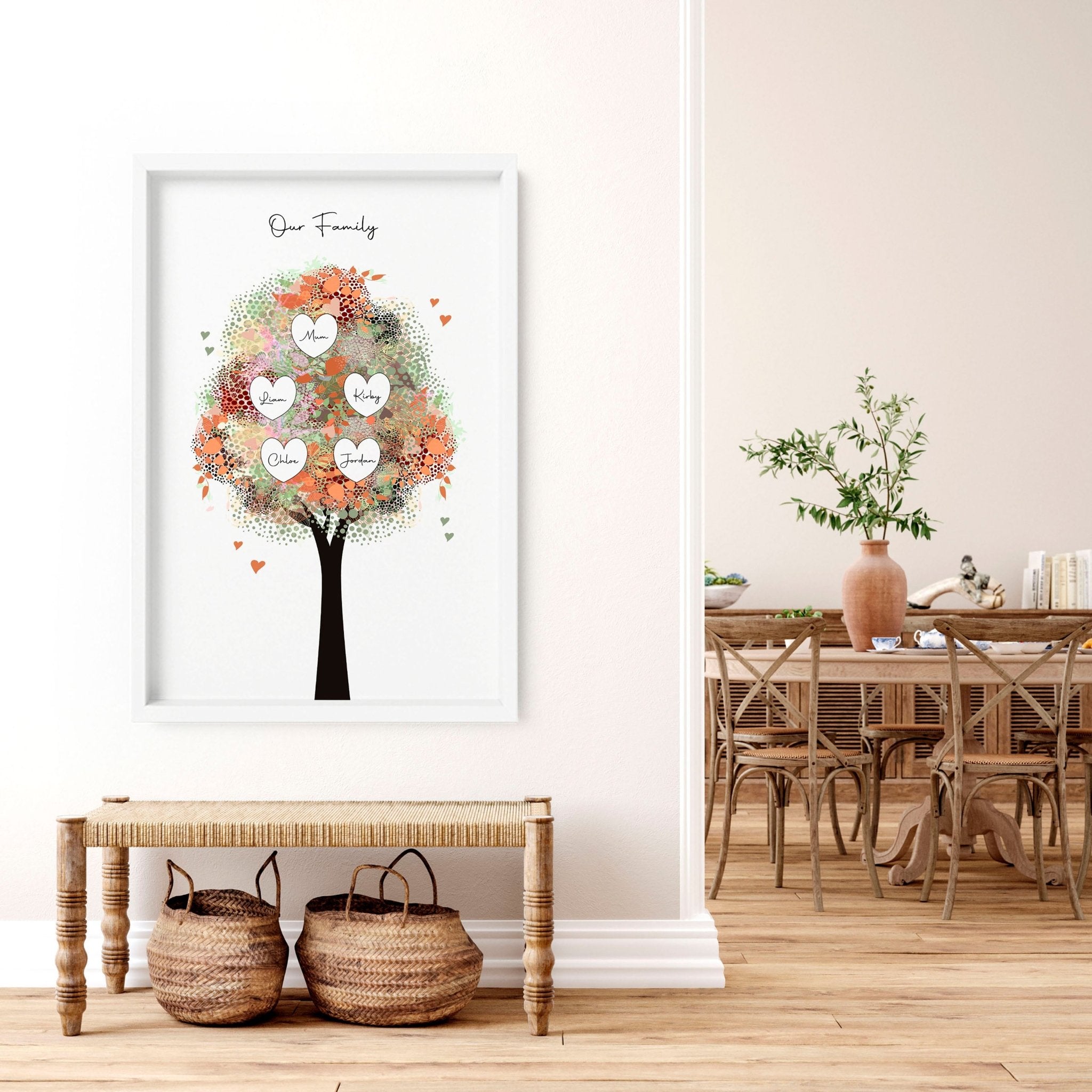 Personalised Family Tree wall art print showcasing multiple generations with custom names, beautifully designed for home decor.