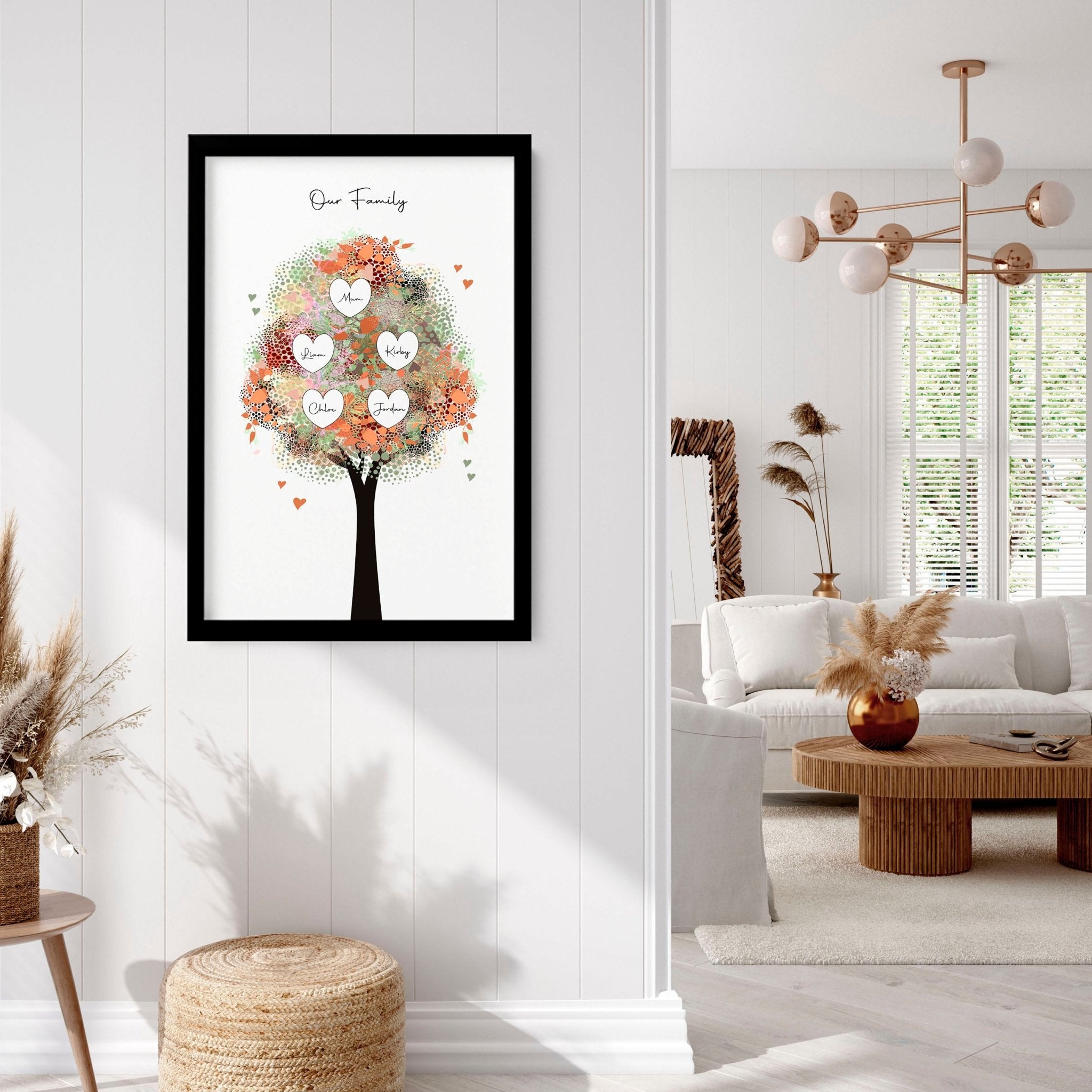 Personalised Family Tree wall art print showcasing multiple generations with custom names, beautifully designed for home decor.