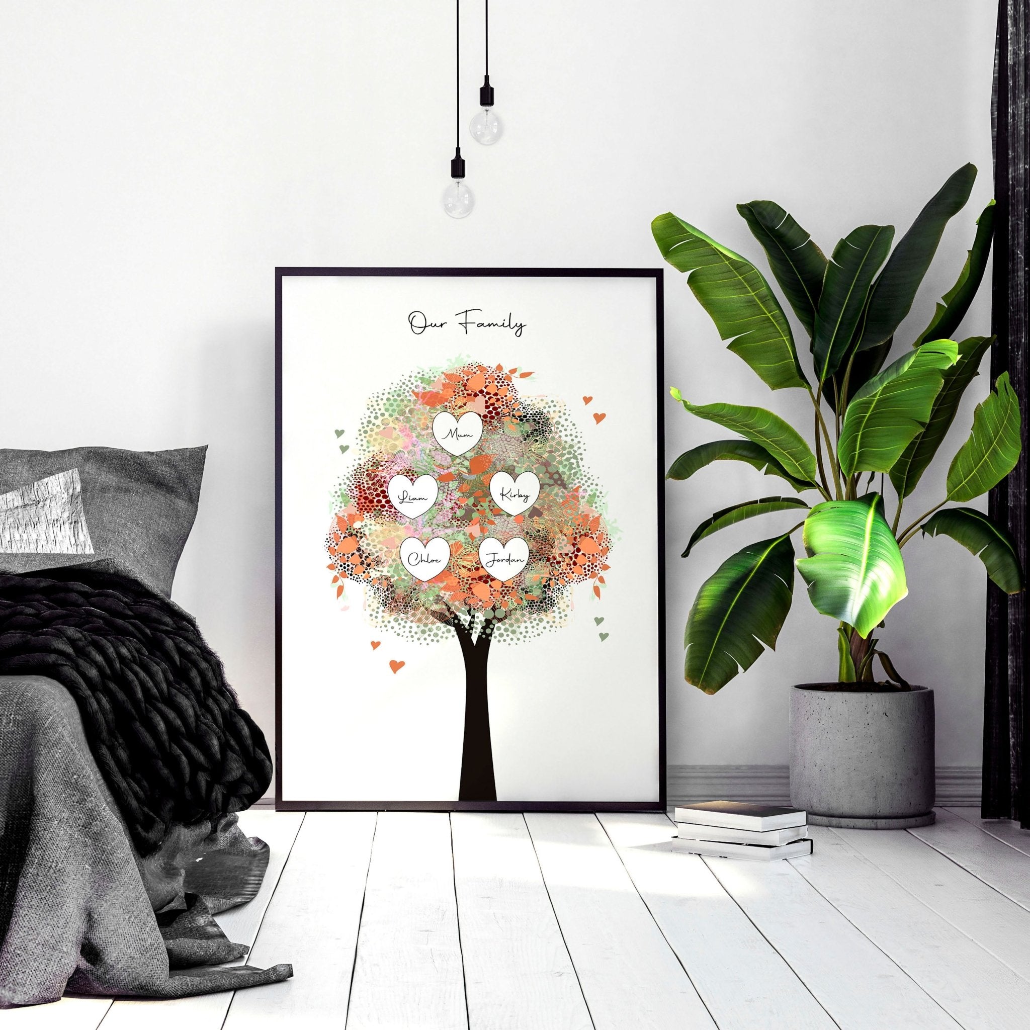Personalised Family Tree wall art print showcasing multiple generations with custom names, beautifully designed for home decor.